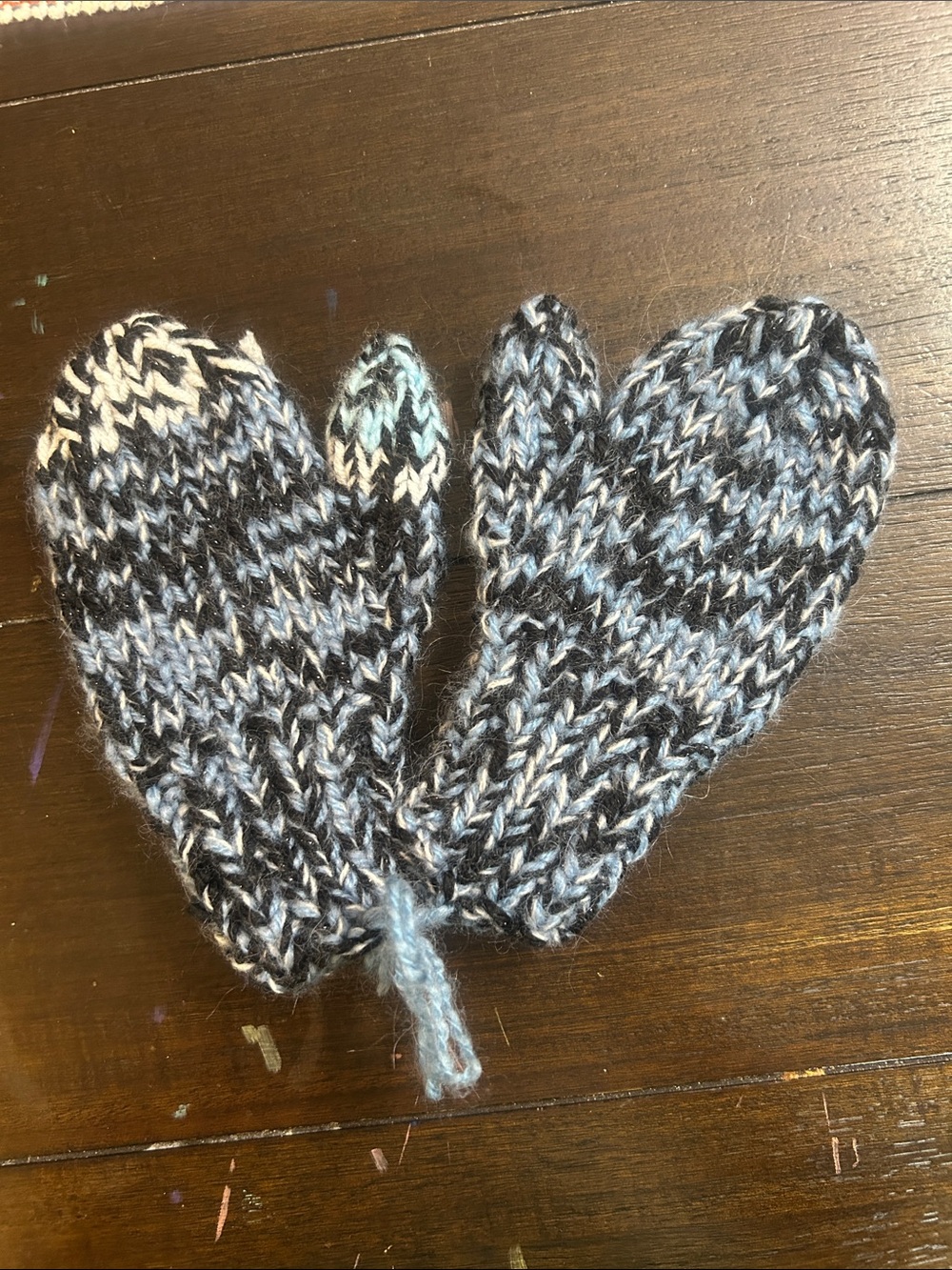 Handknit Black, Gray & Light Blue Marled Wool Mittens